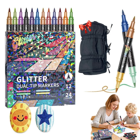 24/48/72/96 Colors Glitter Effect Brush Markers, Double Line Painting Pens, Professional Outline Paint Markers with Vibrant Ink for Coloring, Scrapbooking (24Colors)