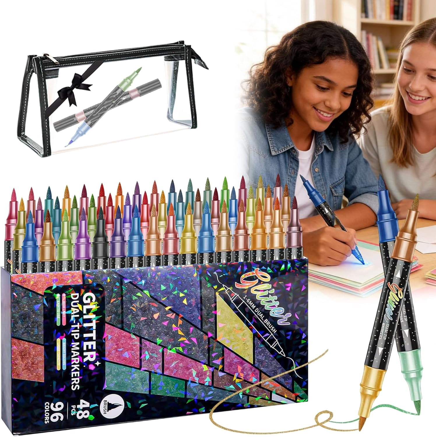 24/48/72/96 Colors Glitter Effect Brush Markers, Dual Tip Metallic ...