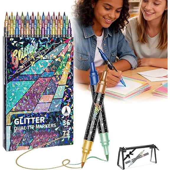 24/48/72/96 Colors Glitter Effect Brush Markers, Dual Tip Metallic Shimmer Pens Set for Coloring, Smooth Writing No Clog, No Bleed Through, For Cards, Crafts, Doodle, Writing (36Pcs 72Colors)