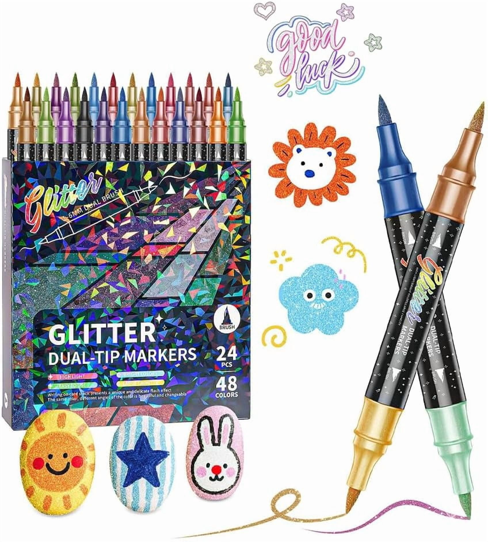 24/48/72/96 Colors Glitter Effect Brush Markers, Dual Tip Metallic Shimmer Pens Set, Professional Glitter Paint Pens Set for Adult Coloring Books, Journals, Card Making & DIY Crafts (24 Colors)