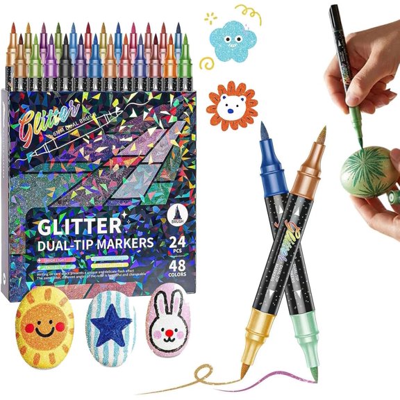 24/48/72/96 Colors Glitter Effect Brush Markers, Dual Tip Metallic Shimmer Pens Set, Professional Glitter Paint Pens Set, For Coloring, Journals, Planners, Scrapbooking & Card Making