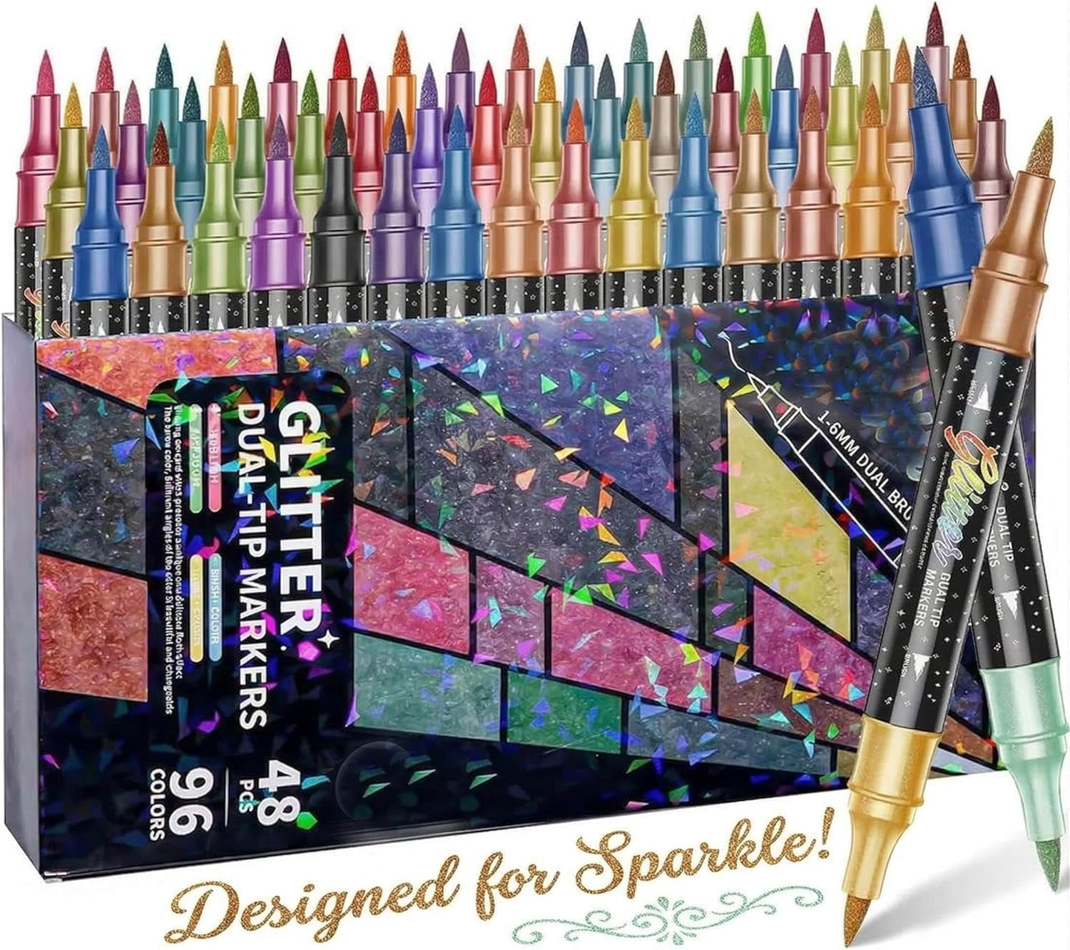 24/48/72/96 Colors Glitter Effect Brush Markers,Dual Tip Metallic Shimmer Pens Set,Quick-Drying Large Capacity 6mm Smooth No Clog Coloring,For Coloring, Scrapbooking & Card (96)