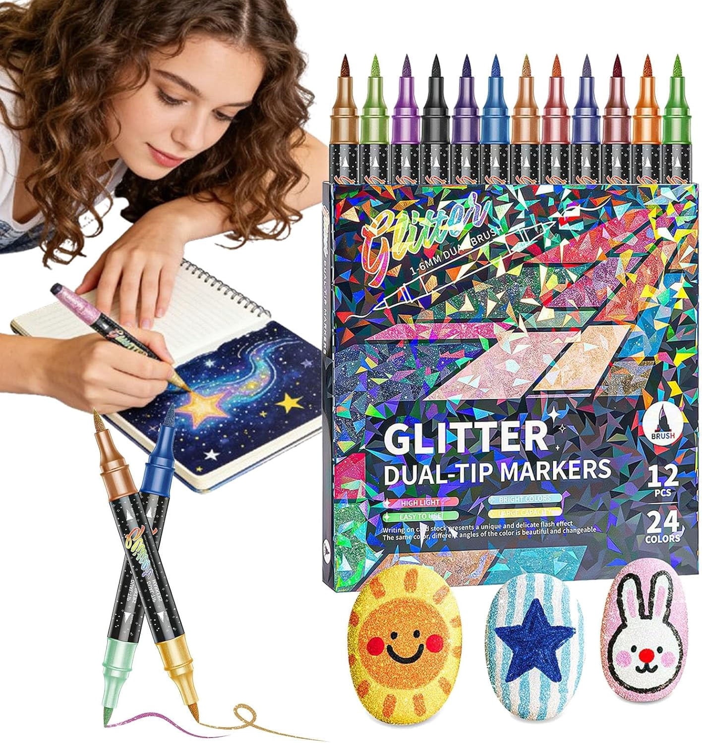 24/48/72/96 Colors Glitter Effect Brush Markers, Dual Tip Two-Color Metallic Shimmer Pens Set for Coloring, Journals, Planners