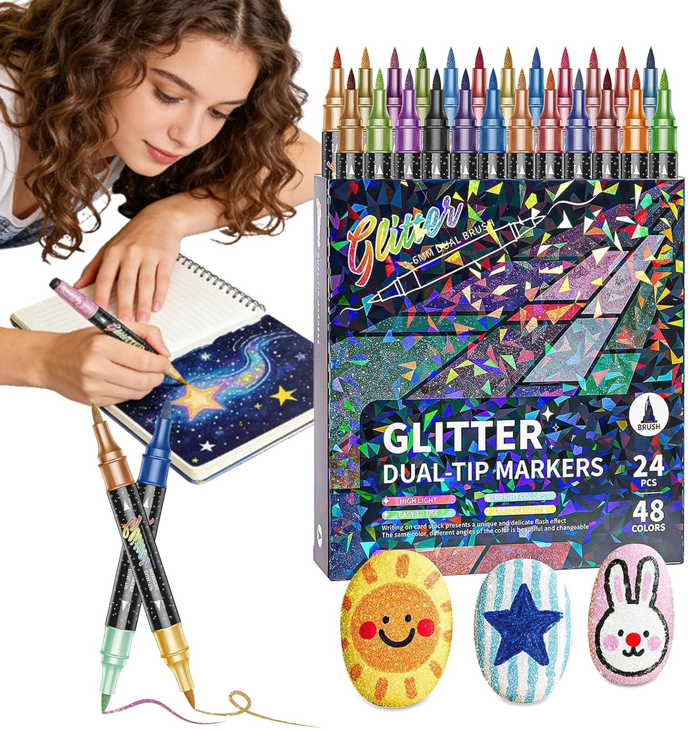 24/48/72/96 Colors Glitter Effect Brush Markers, Dual Tip Two-Color Metallic Shimmer Pens Set for Coloring, Journals, Planners