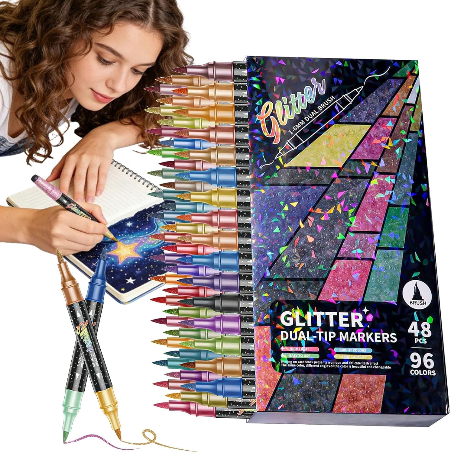 24/48/72/96 Colors Glitter Effect Brush Markers, Dual Tip Two-Color Metallic Shimmer Pens Set for Coloring, Journals, Planners