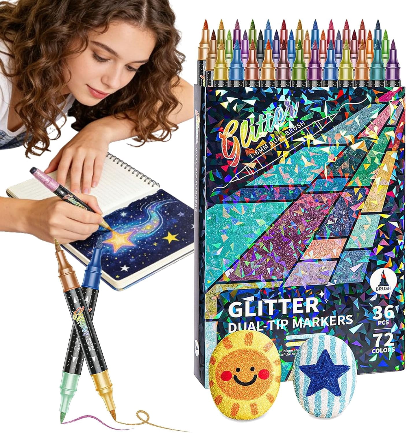 24/48/72/96 Colors Glitter Effect Brush Markers, Dual Tip Two-Color Metallic Shimmer Pens Set for Coloring, Journals, Planners