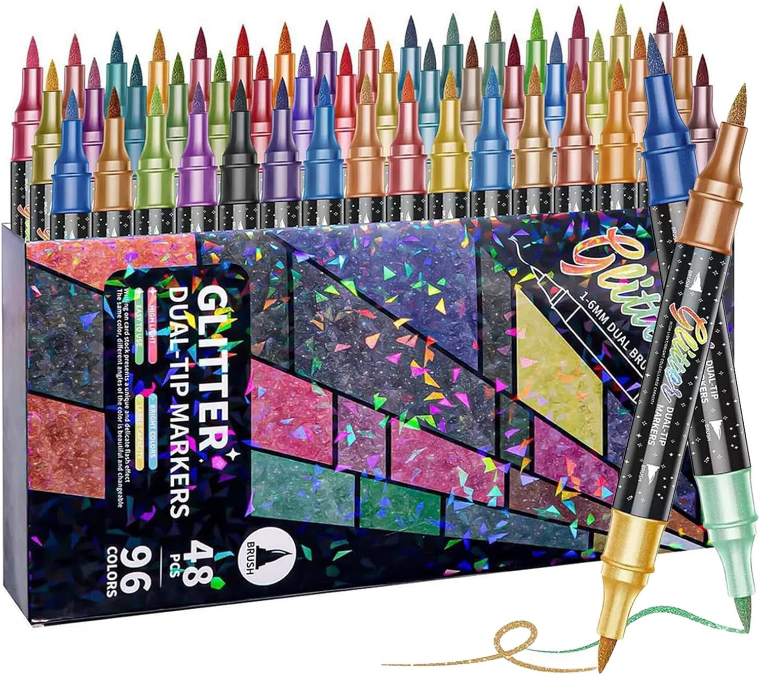 24/48/72/96 Colors Glitter Effect Brush Markers, Glitter Dual-tip Double Colours Shimmer Markers, 2-in-1 Quick-drying Large Capacity 6mm Soft Brush Tip Pen for Coloring