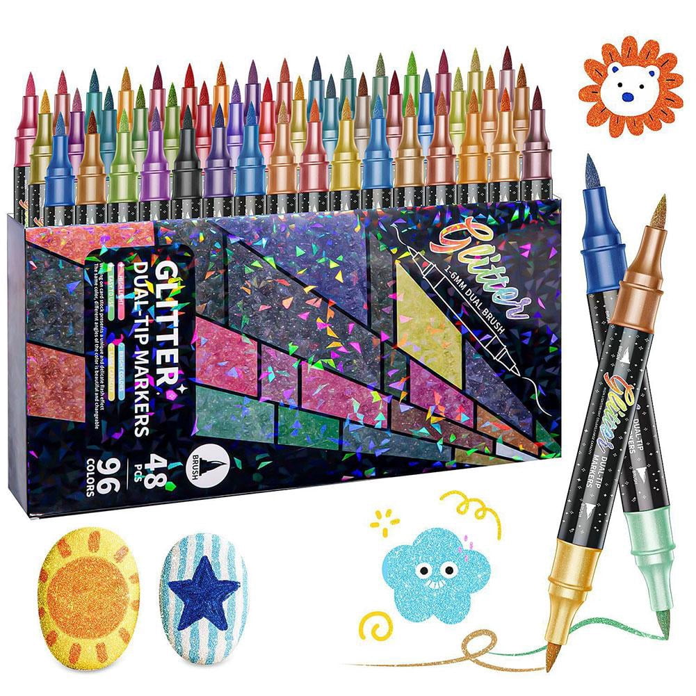 24/48/72/96 Colors Glitter Effect Brush Markers,Glitter Dual-tip Double Colours Shimmer Markers,Quick-Drying Large Capacity 6mm Soft Brush Tip Pen,for Cards, DIY Crafts, Adults Coloring Books