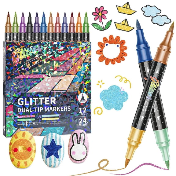24/48/72/96 Colors Glitter Effect Brush Markers, Glitter Markers for Adults, Metallic Glitters Dual Tip Marker for Cards, DIY Crafts, Writing, Adults Coloring Books, Art Supplies Scrapbooking - 24