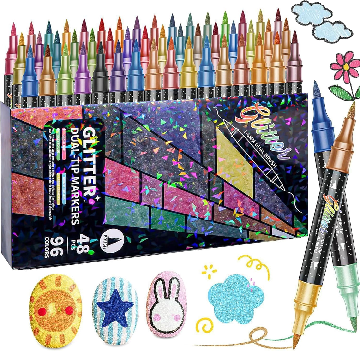 24/48/72/96 Colors Glitter Effect Brush Markers, Glitter Markers for Adults, Metallic Glitters Dual Tip Marker for Cards, DIY Crafts, Writing, Adults Coloring Books, Art Supplies Scrapbooking (96)