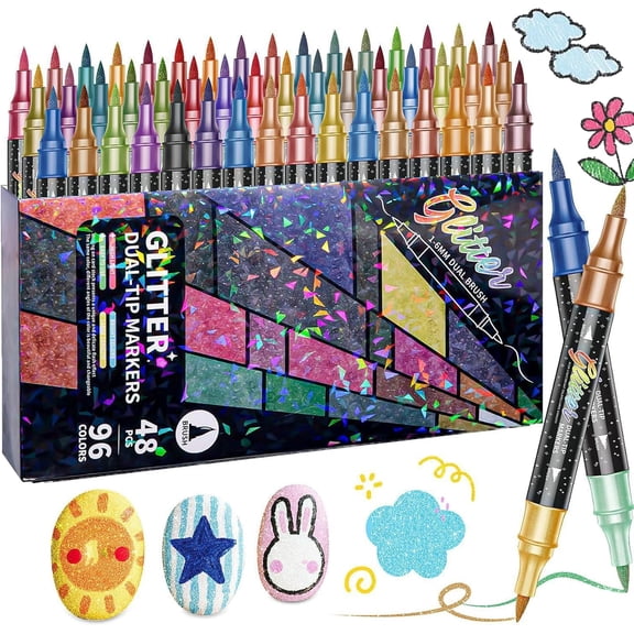 24/48/72/96 Colors Glitter Effect Brush Markers, Glitter Markers for Adults, Metallic Glitters Dual Tip Marker for Cards, DIY Crafts, Writing, Adults Coloring Books, Art Supplies Scrapbooking (96)