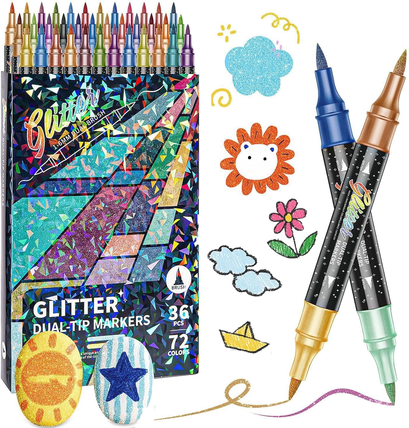 24/48/72/96 Colors Glitter Effect Brush Markers, Glitter Markers for Adults, Metallic Glitters Dual Tip Marker for Cards, DIY Crafts, Writing, Adults Coloring Books, Art Supplies Scrapbooking (72)