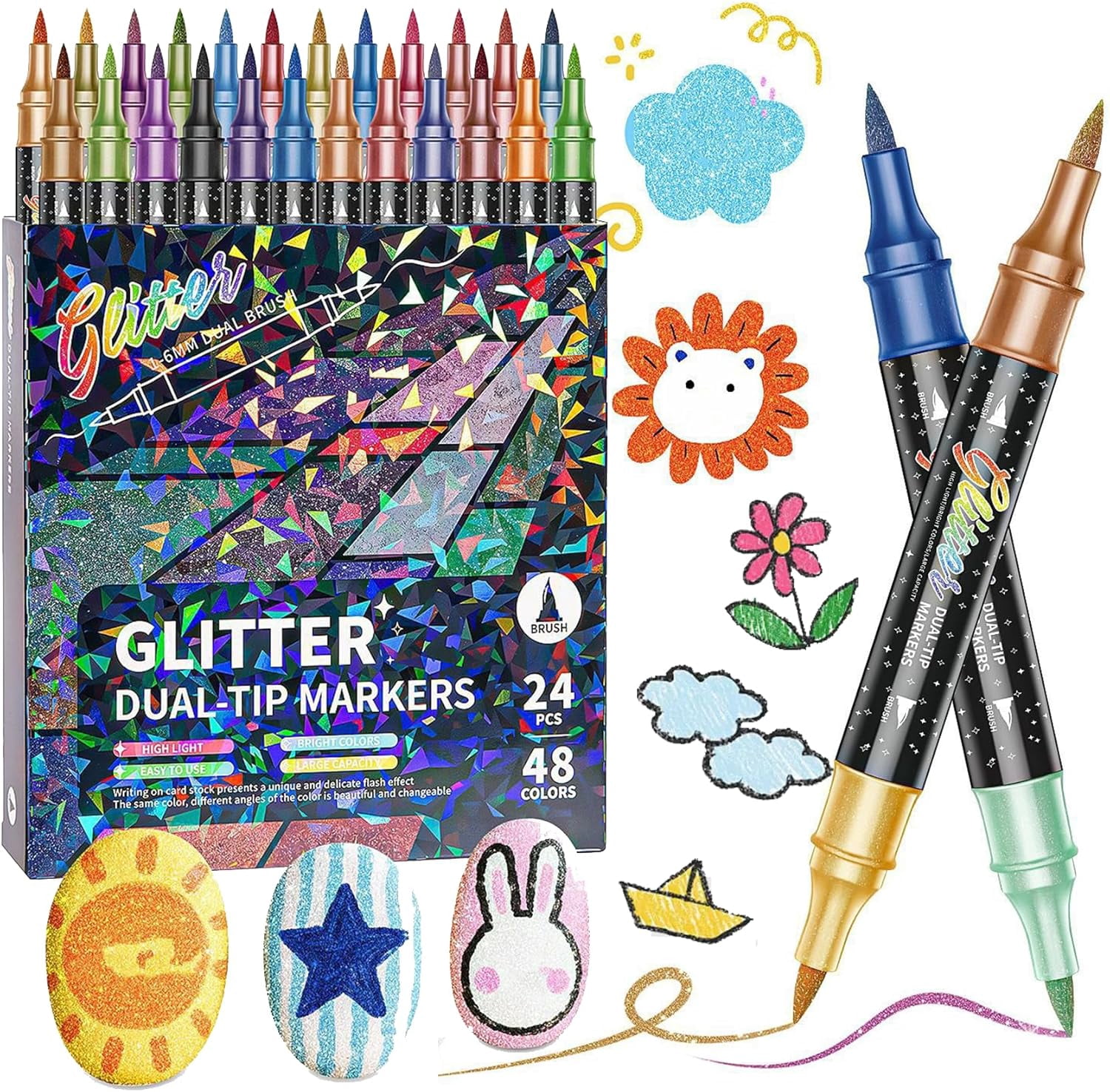 24/48/72/96 Colors Glitter Effect Brush Markers, Glitter Markers for Adults, Metallic Glitters Dual Tip Marker for Cards, DIY Crafts, Writing, Adults Coloring Books, Art Supplies Scrapbooking (48)