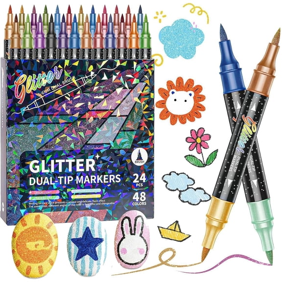 24/48/72/96 Colors Glitter Effect Brush Markers, Glitter Markers for Adults, Metallic Glitters Dual Tip Marker for Cards, DIY Crafts, Writing, Adults Coloring Books, Art Supplies Scrapbooking (48)