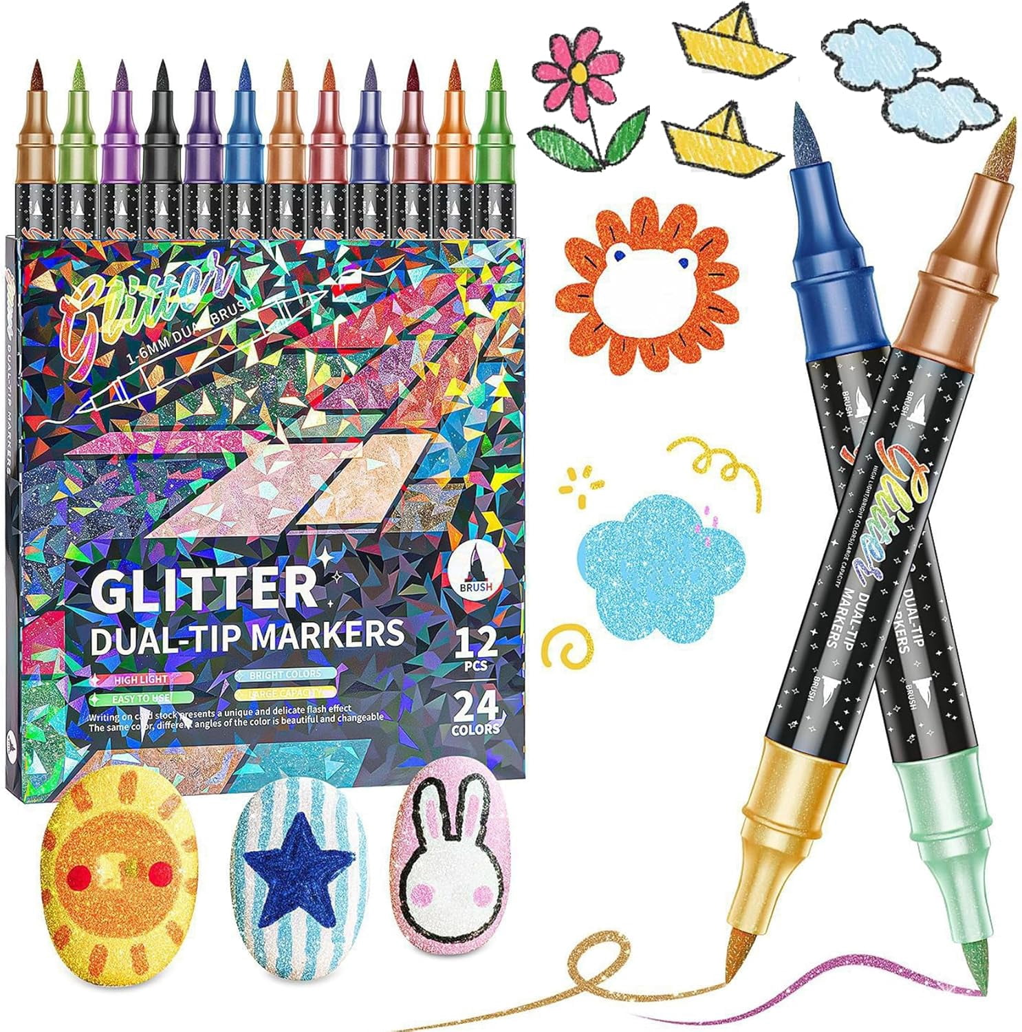 24/48/72/96 Colors Glitter Effect Brush Markers, Glitter Markers for Adults, Metallic Glitters Dual Tip Marker for Cards, DIY Crafts, Writing, Adults Coloring Books, Art Supplies Scrapbooking (24)