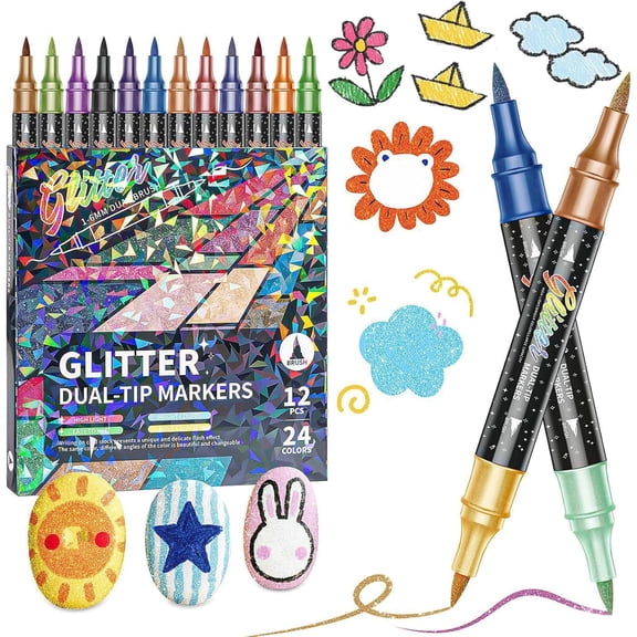 24/48/72/96 Colors Glitter Effect Brush Markers, Glitter Markers for Adults, Metallic Glitters Dual Tip Marker for Cards, DIY Crafts, Writing, Adults Coloring Books, Art Supplies Scrapbooking (24)