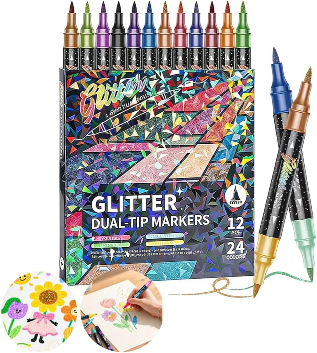 24/48/72/96 Colors Glitter Effect Brush Markers,Metallic Glitters Dual Tip Marker for Cards,2-In-1 Quick-Drying Large Capacity Pen (24)