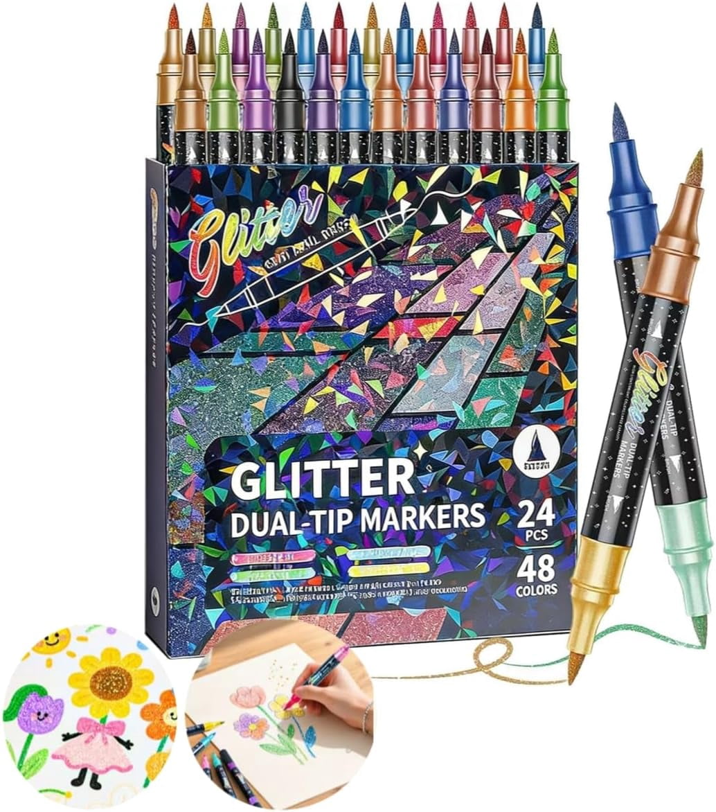 24/48/72/96 Colors Glitter Effect Brush Markers,Metallic Glitters Dual Tip Marker for Cards,2-In-1 Quick-Drying Large Capacity Pen (48)