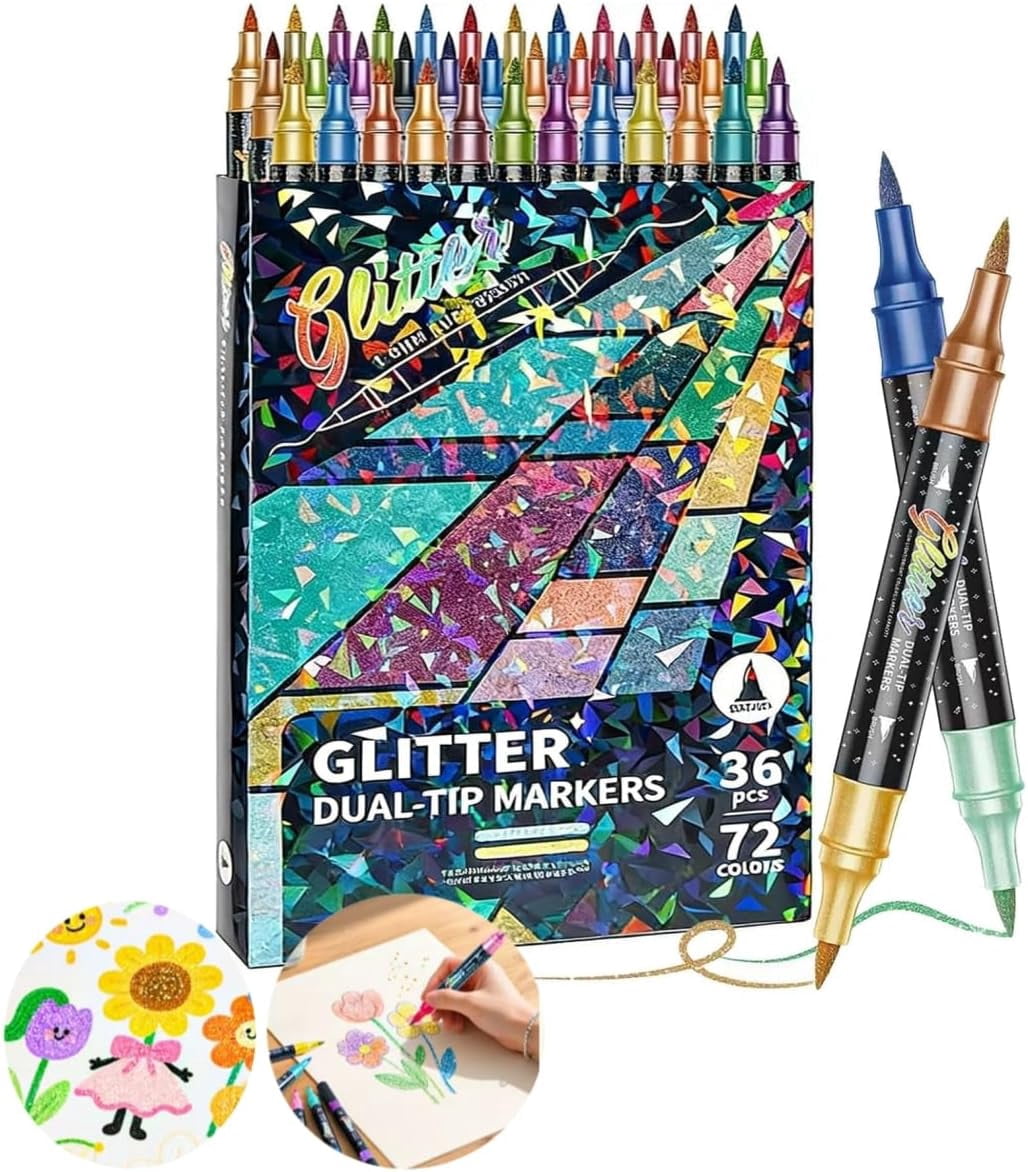 24/48/72/96 Colors Glitter Effect Brush Markers,Metallic Glitters Dual Tip Marker for Cards,2-In-1 Quick-Drying Large Capacity Pen (72)