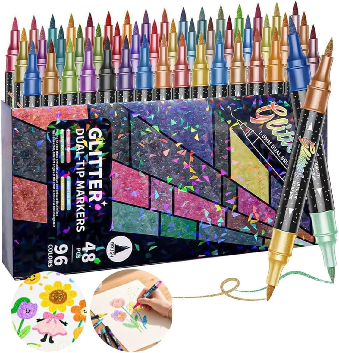 24/48/72/96 Colors Glitter Effect Brush Markers,Metallic Glitters Dual Tip Marker for Cards,2-In-1 Quick-Drying Large Capacity Pen (96)
