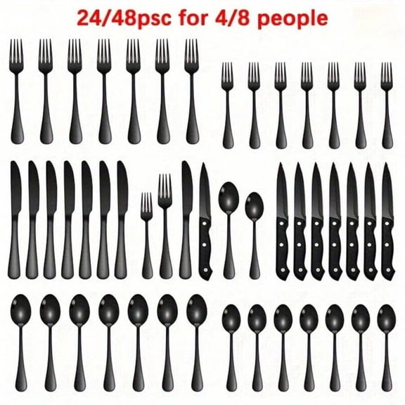24/48-Piece Stainless Steel Cutlery Set - Silvery Black Western Tableware for 4/8 People, Dishwasher Safe (Steak Knife, Fork, Spoon & Dessert Utensils)
