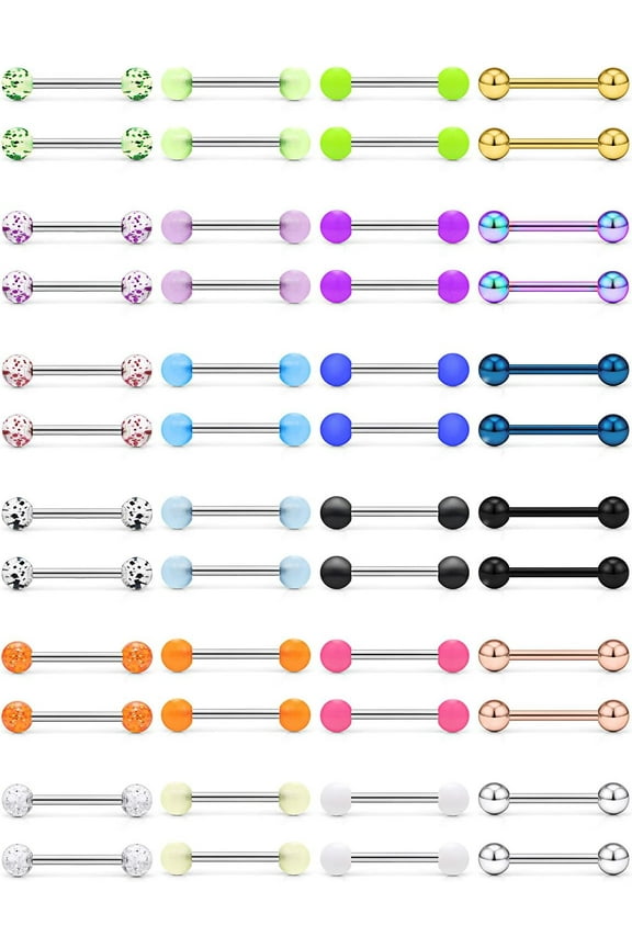 24-48PCS 16G Nipple Rings Straight Barbells Surgical Steel Tongue Rings Nipplerings Body Piercing Jewelry for Women Men 14-22MM 48pcs