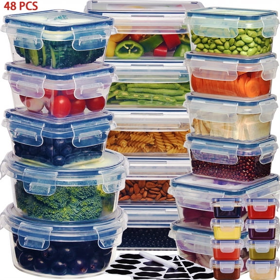 24/48Pcs Food Storage Containers Set - Airtight BPA-Free Stackable Meal Prep Containers, Easy-Snap Lids, Reusable Snack Lunch Snapware + Free Labels & Marker (12/24 Containers + 12/24 Lids)