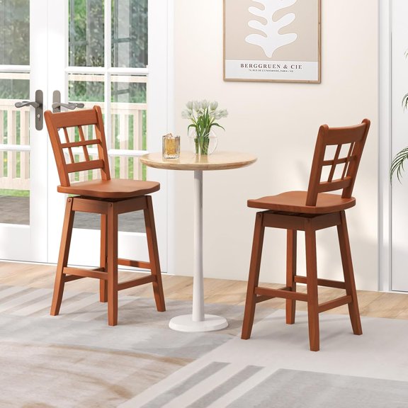 24.5" Bar Stools Set of 2, Farmhouse Swivel Barstools with 6-Grid Hollow Back & Ergonomic Contoured