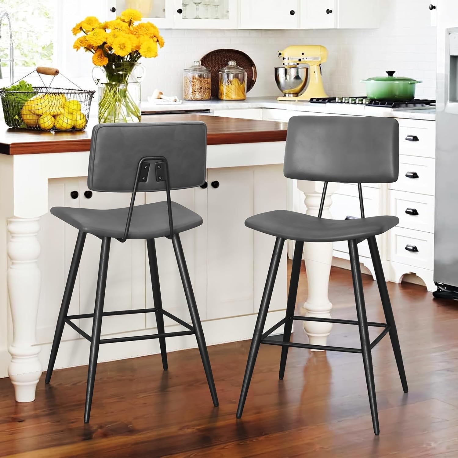 Gray Faux Leather Counter Height Bar Stools with Metal Frame, Set of 2