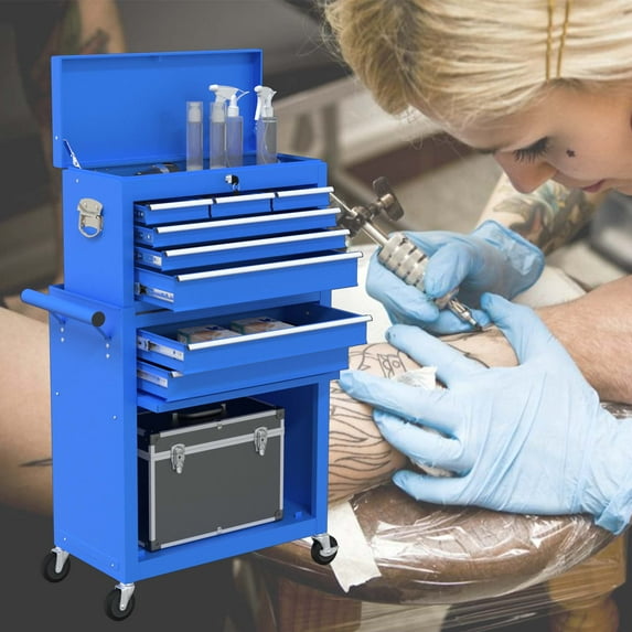 24.5 Inch 2-IN-1 8-Drawer Rolling Tool Chest & Cabinet Large Capacity Tool Box with Lockable for Workshop Garage,Blue