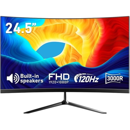 24.5 Inch Gaming Curved Built-in Speakers, 3000R 120Hz PC Screen 1080P, HDMI 2.0, VGA, Wall Mount Compatible 75 * 75mm