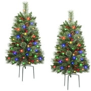 Alupssuc 2 Pack 24.5 Inch Lighted Outdoor Christmas Tree with Multi-Color Lights, Timer, Battery Operated Pre-lit Pathway Urn Filler with Pine Cones