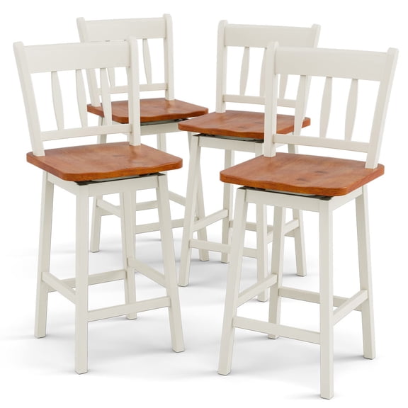 Set of 4 Swivel Bar Chairs, 24.5 Inch Height with Footrest, Rustic Rubber Wood Stools for Kitchen Island, Breakfast Nook, Cafe, White