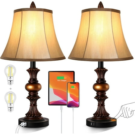 24.5" Table Lamp Set of 2, Rustic Farmhouse Bedside Lamps with USB A+C Charging Ports, 3-Way Dimmable Touch Control Nightstand Lamps for Living Room Bedroom, Antique Black, LED Bulbs Included