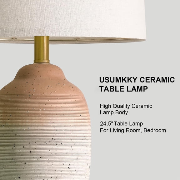 24.5" Vintage Ceramic Table Lamp - Single Farmhouse Rustic Bedside Lamp with Natural Textured Finish, Nightstand Lamps for Living Room, Bedroom, End Table, Office White and Brown