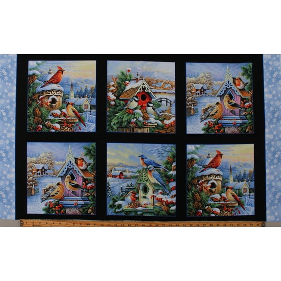 24.5" X 44" Panel Birds Animals Winter Seasonal Christmas Black Cotton Fabric Panel (9409BLACK)