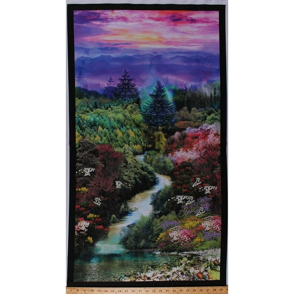 24.5" X 44" Panel Landscape Mountain View Sunset Valley Trees Flowers Floral Pine Trees Brook Stream Creek River Evening Misty Hills Scenic Paradise Digital Print Cotton Fabric Panel (148-14221)
