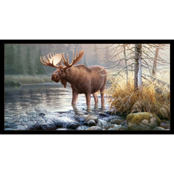 24.5" X 44" Panel Moose Lake Northwoods Woodland Animal Wildlife Morning Glory Cotton Fabric Panel (9205BLACK)