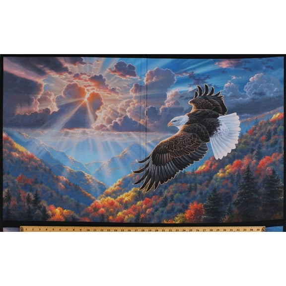 24.5" X 44" Panel Soaring Eagle Bald Eagle Sunset Mountains Hills Birds Nature Scenic Northwoods Landscape Patriots Patriotic Digital Cotton Fabric Panel (AQHD-17634-202-AMERICANA)