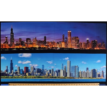 24.5" X 44" Panel View of Chicago Day and Night Cityscapes Skyline Nightscape City Lights Buildings Skyscrapers Landscape Cotton Fabric Panel (SRKD-18638-205 MULTI)