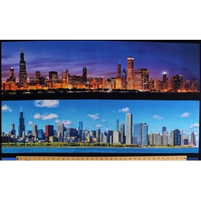 24.5" X 44" Panel View of Chicago Day and Night Cityscapes Skyline Nightscape City Lights Buildings Skyscrapers Landscape Cotton Fabric Panel (SRKD-18638-205 MULTI)