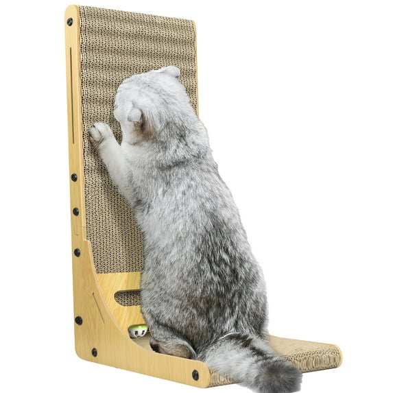24.5 inch Cat Scratch Pad, L Shape Wall Mounted Cardboard Cat Scratching Pads, Vertical Wave Cat Scratcher, Protecting Furniture Scratching Pads with Bell Balls,Scratching Pads for Cats