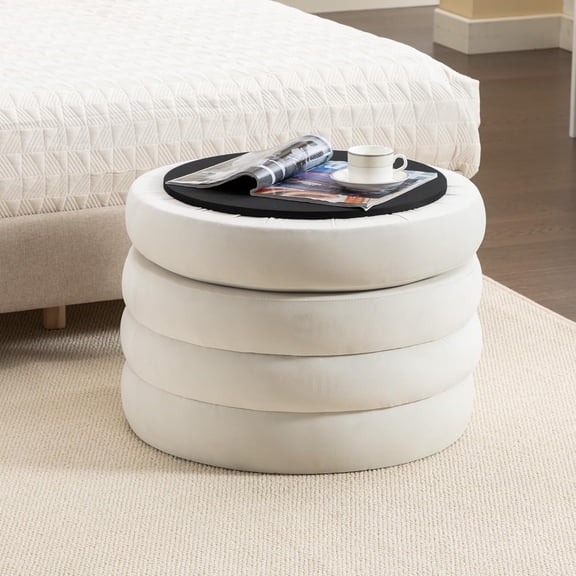 24.5 inch Wide Round Storage Ottoman Footstool, Ivory Velvet futon, Multi-Functional Side Table, Vanity seat for Living Room, Bedroom, Desk