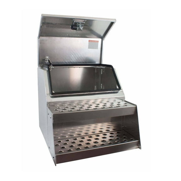 24.5"x28.4"x24" Aluminum Side Mount Semi Truck Tool Box with Saddle Step Open Wide Design & T-Handle Latch Lock - Heavy Duty Weather Tight Step Tool Box for Flatbed Trailer