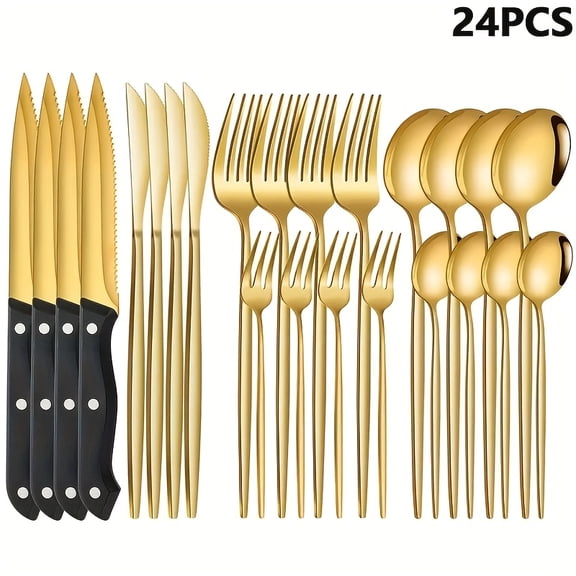 24/60Pcs Golden Titanium Gold Plated Stainless Steel Silverware Set, Knife Fork Spoon Flatware, Dishwasher Safe, Ideal for Wedding/Parties/Birthday/Restaurant