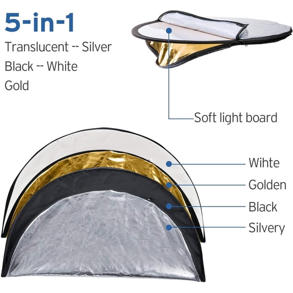 24" (60cm) 5-in-1 Photography Reflector, Multi-Disc Light Reflectors for Photography, Collapsible with Bag - Translucent, Silver, Gold, White and Black