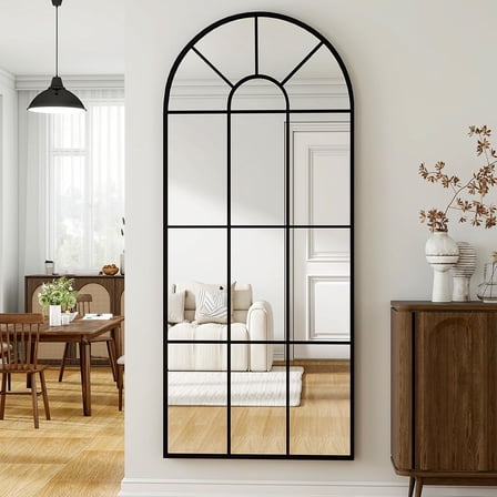 24"×65" Windowpane Arched Full Length Mirror, Grid-Designed Decorative Farmehouse Full Body Floor Mirror with Metal Frame Hanging Leaning for Entryway, Living Room, Home Decor, Black