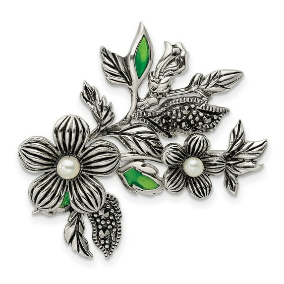 24.6mm 925 Sterling Silver Freshwater Cultured Pearl Green Enamel Marcasite Floral Pin Brooch Jewelry for Women