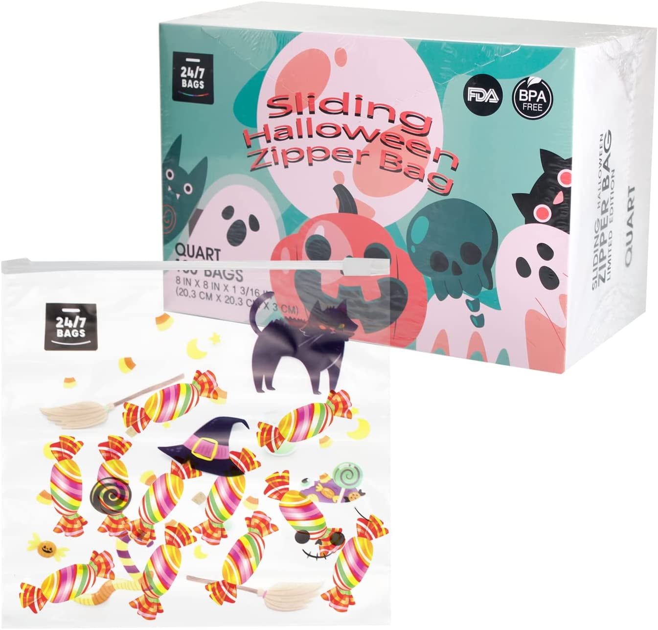 24/7 Bags- 100ct Halloween Ziplock Baggies, Quart Size, Fun Patterns ...