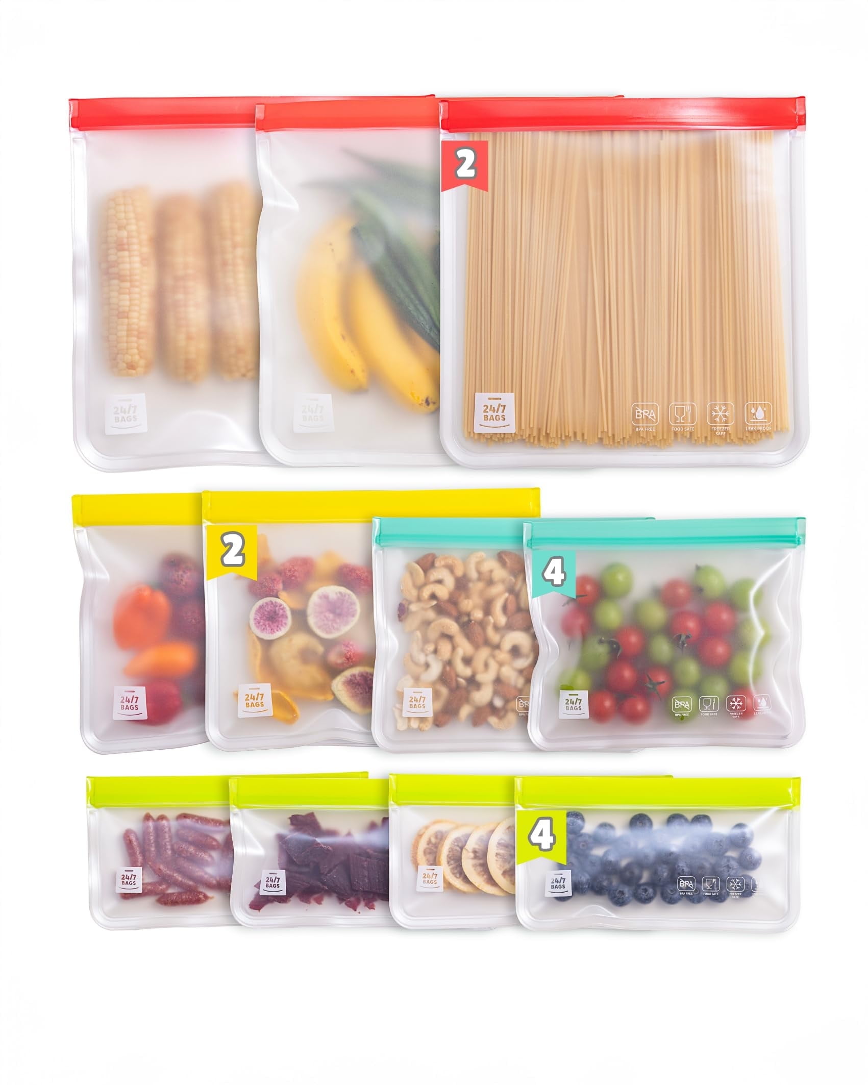 24/7 Bags Reusable Food Storage Bags, 12 Pack, Variety Size, Freezer Safe